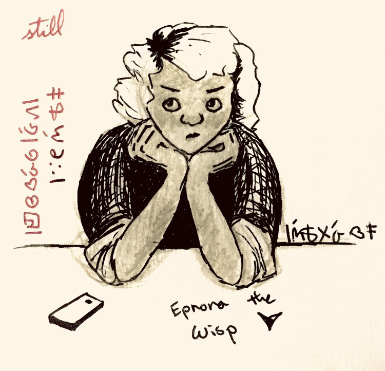 Aster sits with her chin in her hands. The selkie text on the side reads: bored in class.