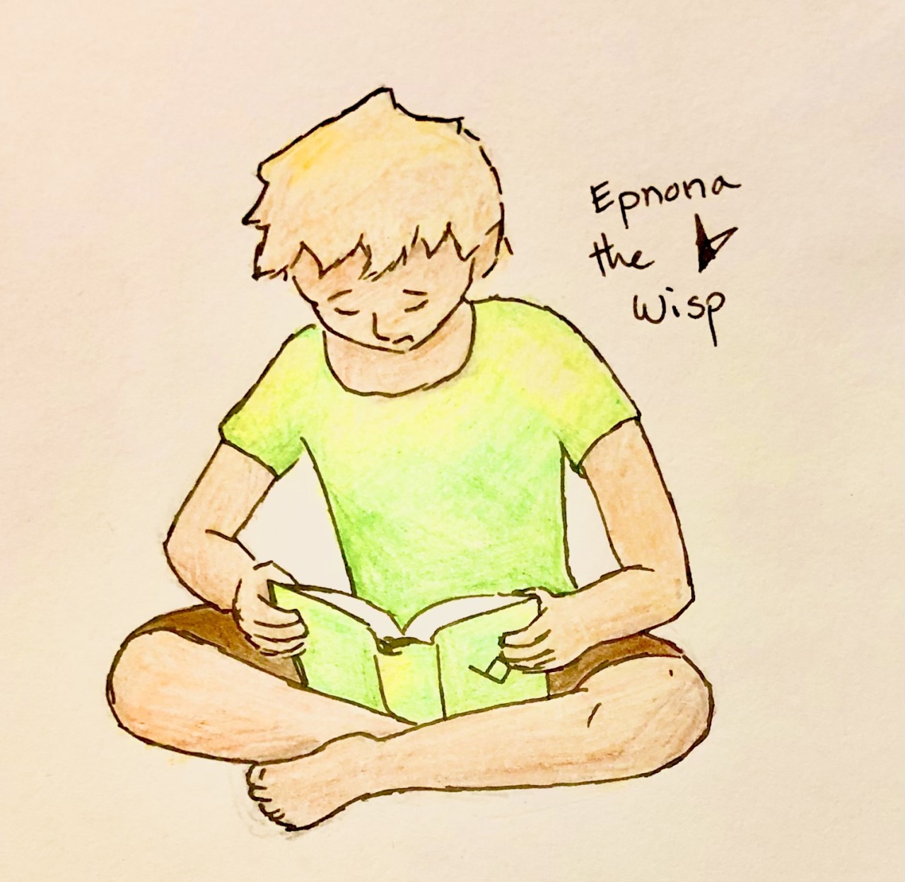 art depicting a young boy with yellow hair sitting cross legged and reading a book