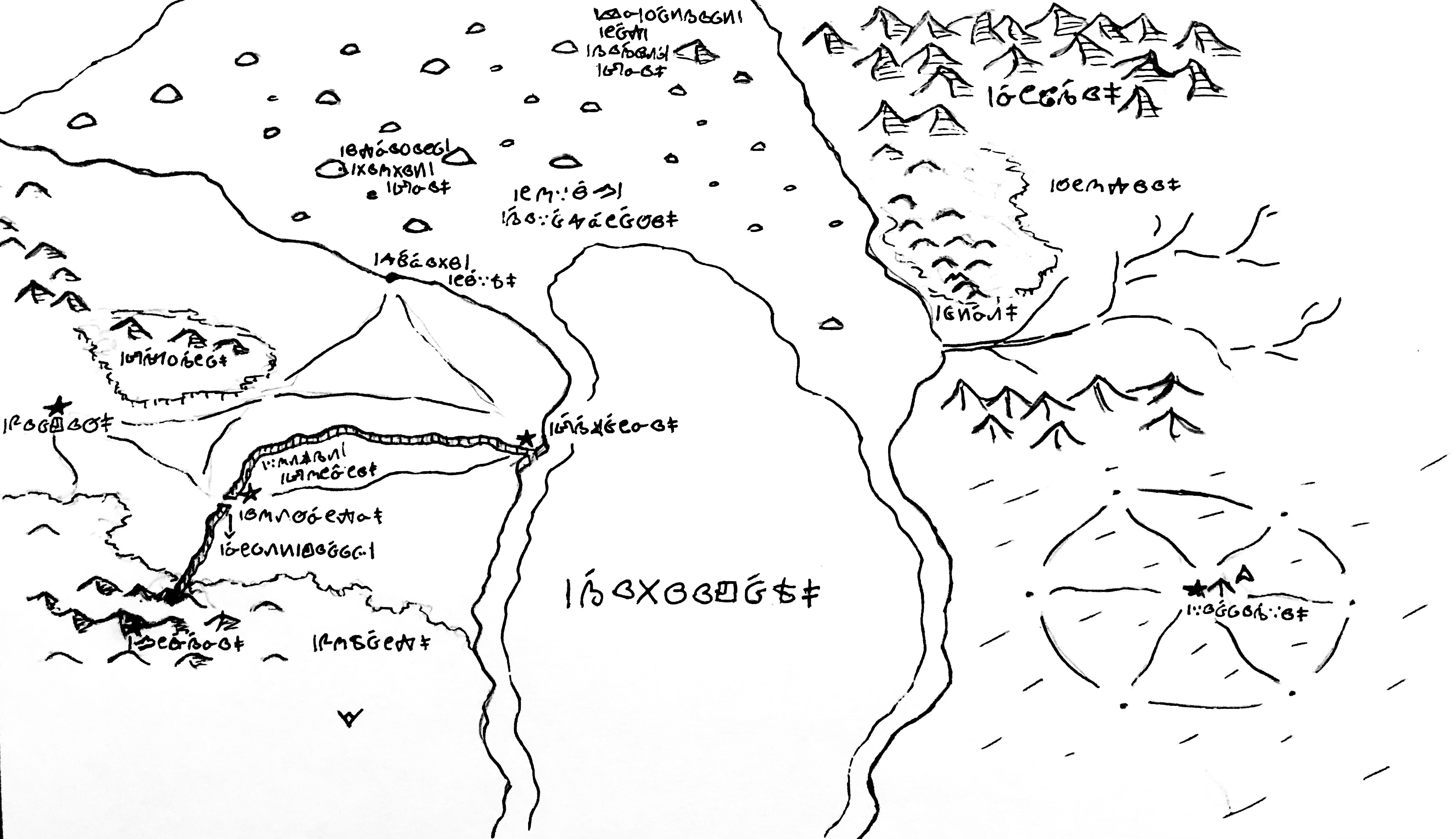 A black and white map of artorbis. There's an ocean in the center, and all the relevent pieces are labeled in the selkie script.